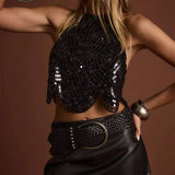 Women’s Sexy Halter Sequin Tank Top – Backless Tie-Up Sparkly Crop Top