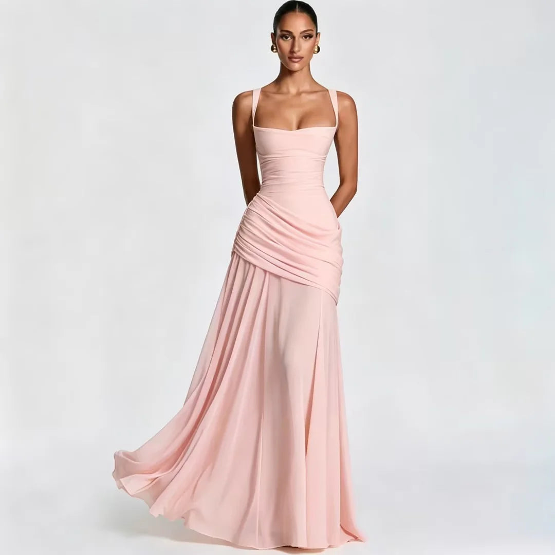 Women’s Solid Square Neck Pleated Sling Dress