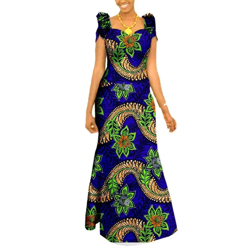 Afrikanisches langes Maxikleid für Damen |Kurzarm-Kleid aus Ankara-Stoff