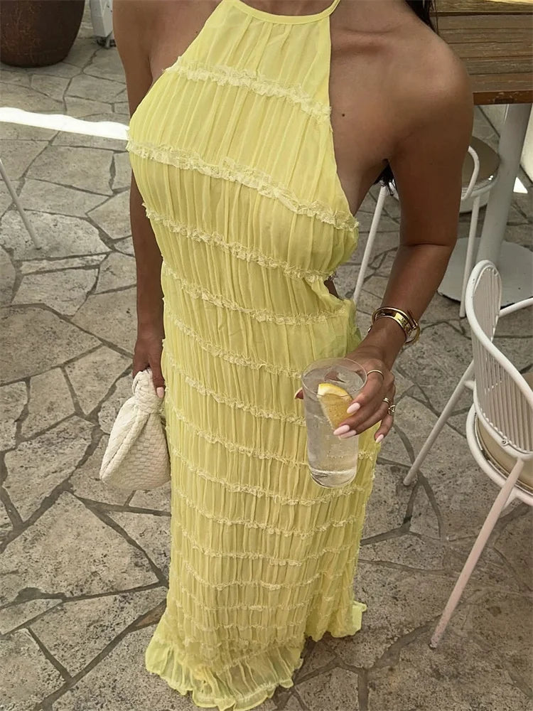 Damen-Maxikleid mit Schnürung am Rücken, rückenfrei, für den Urlaub, Strand, hohe Taille, einfarbig, elegant