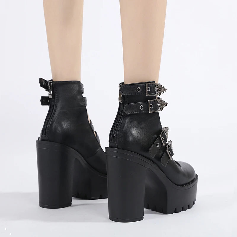 Women's Goth Platform Block Heels: Buckle Strap Mary Jane Pumps with Back Zipper