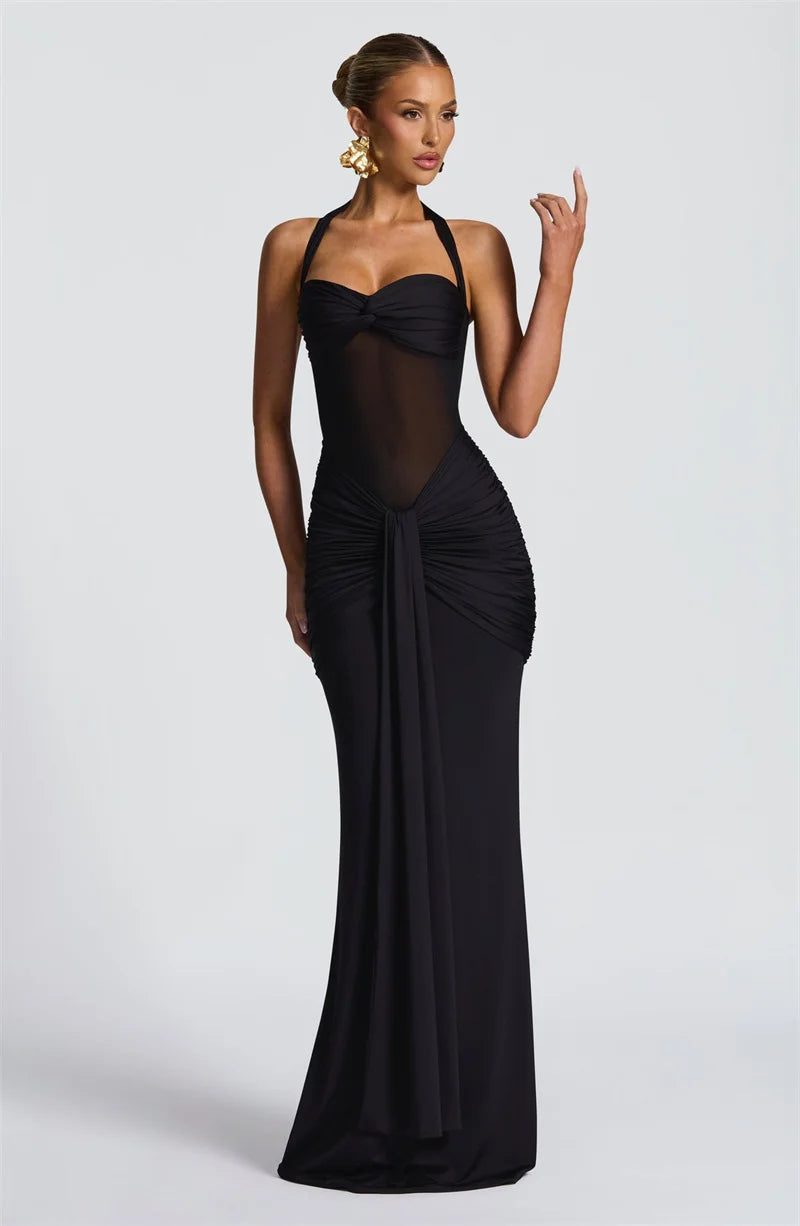 Sexy Halter Backless Maxi Dress – Women’s Patchwork Off-Shoulder Bodycon