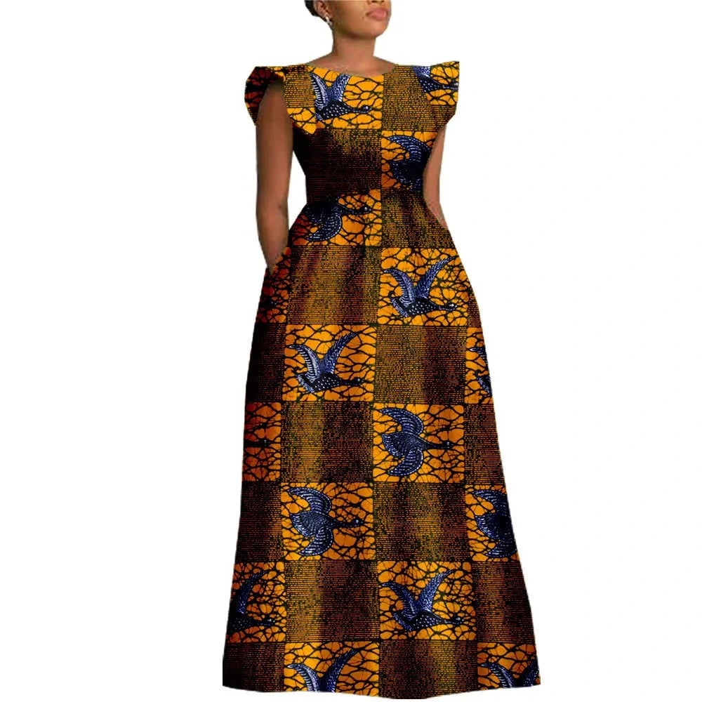The "Heritage Queen" Floor-Length Gown: Bold Ankara Wax Cotton Dress with Short Sleeves