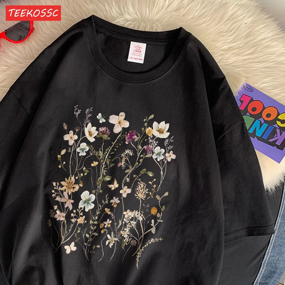 Beautiful Flower Clusters Cotton T-Shirt - Women's Floral Graphic Tee