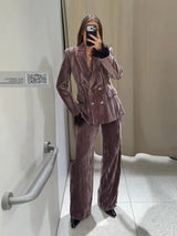 Women’s Chic Velvet Feather Patchwork Suit – Elegant Lapel Blazer & Wide Leg Pants 2-Piece Set