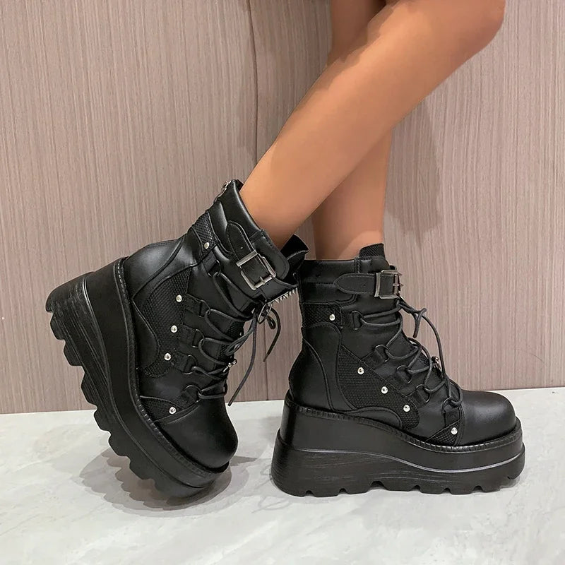 Women’s Gothic Belt Buckle Platform High Wedge Zip Punk Cosplay Ankle Boots