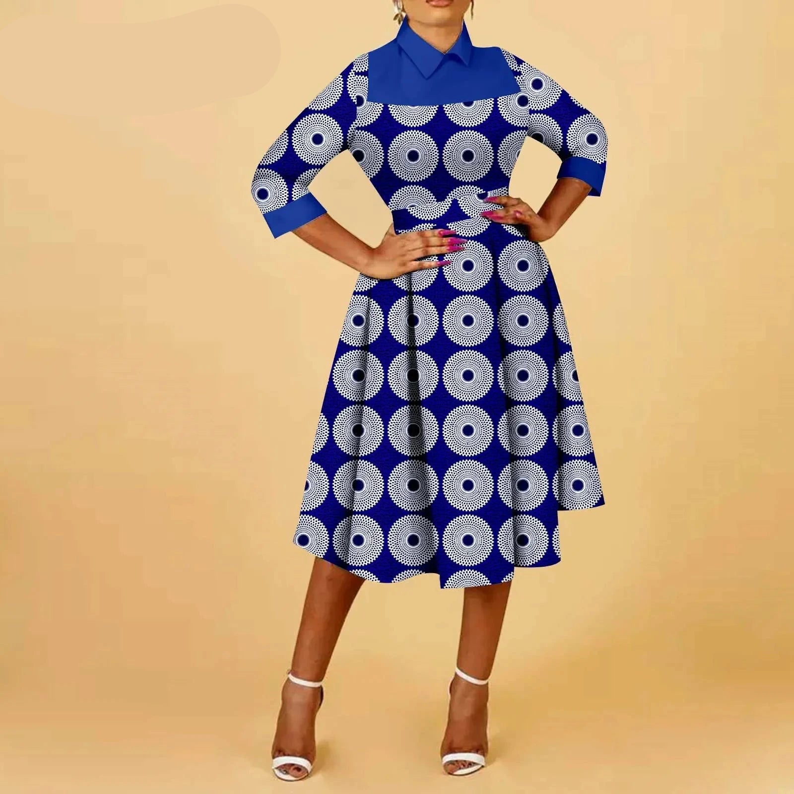 African Elegant Ankara Print Half Sleeve Dashiki Casual Women’s A-Line Midi Dress