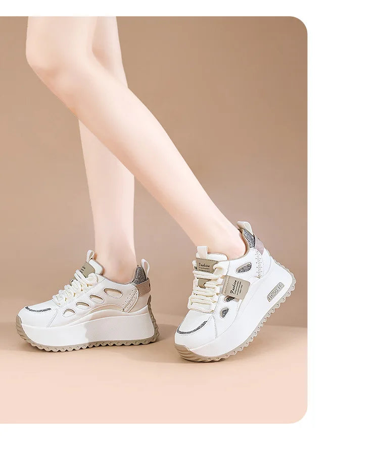Women’s Leather Hidden Heel Sneakers – 7cm (3 Inch) Platform Wedge Shoes