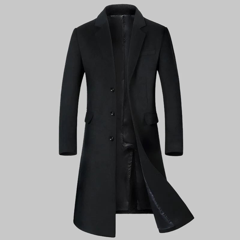 Herren Wintermantel aus hochwertiger Wolle – Knielanger Trenchcoat