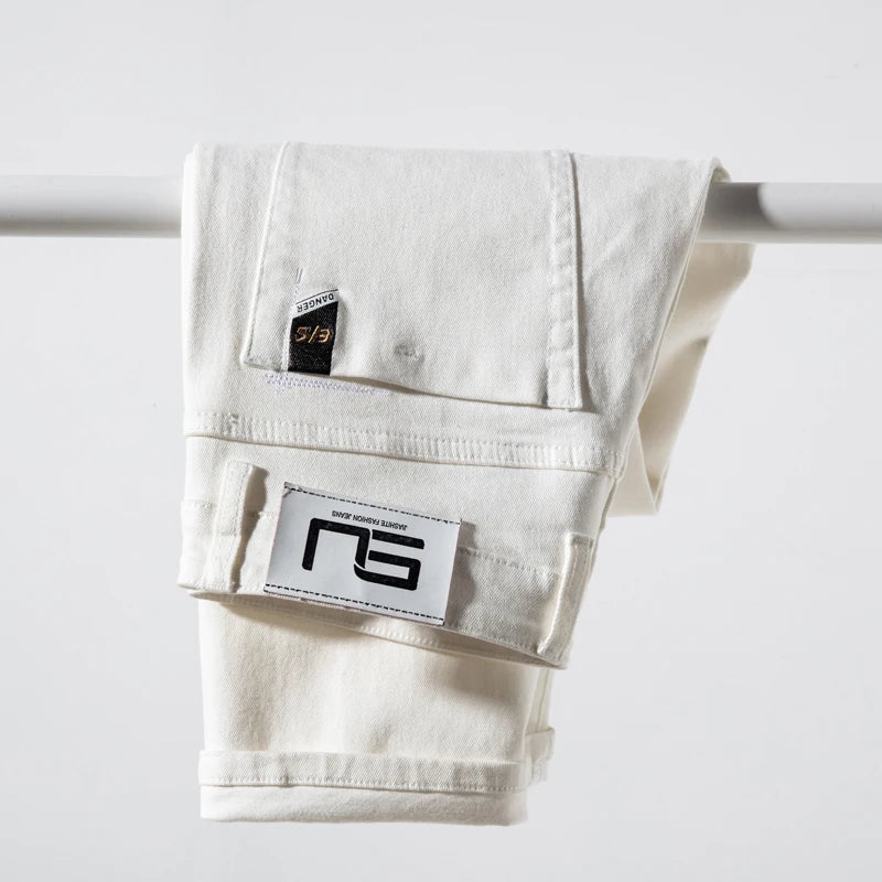 Herren Klassische Weiße Straight Jeans | Modische Lässige Soft Stretch Denim