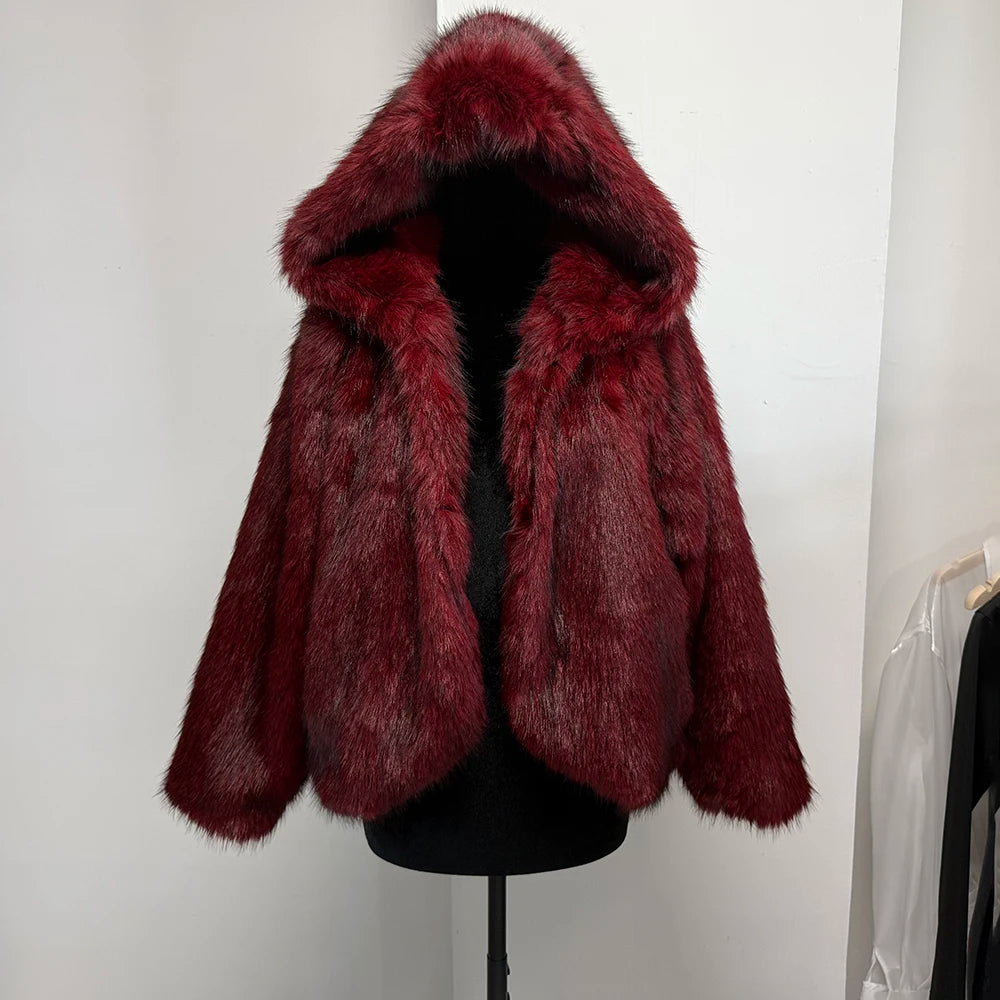 Damen-Bomberjacke aus rotem Kunstpelz – Plüschige, einfarbige kurze Winterjacke