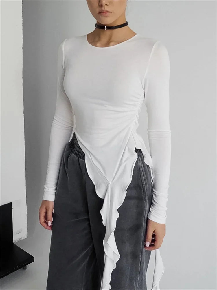 Damen Rüschen Patchwork Durchsichtig Langarm Weiß Strick Slim T-Shirt Pullover