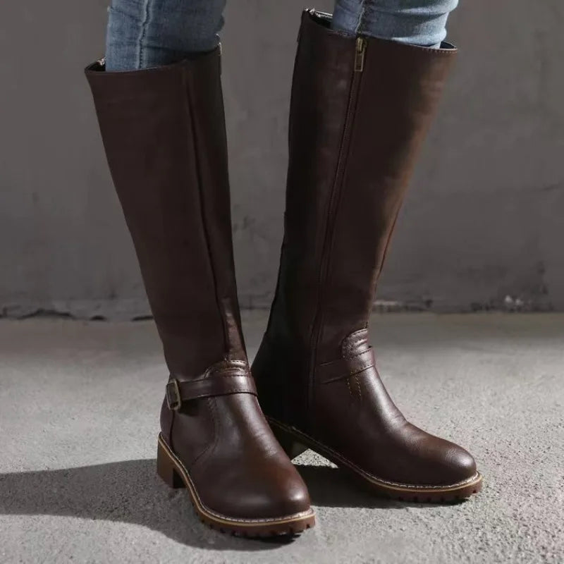 Women’s Punk Buckle Platform Knee-High Side-Zip Riding Boots