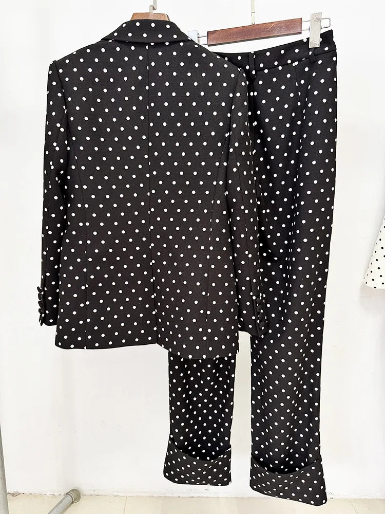 Schwarz-weißer gepunkteter Anzug für Damen | Blazer mit Schleife & maßgeschneiderte Hose Set