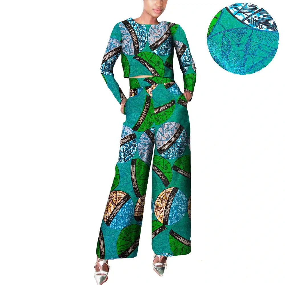 Damen Set aus gewachstem Baumwoll-Crop-Top mit langen Ärmeln und Hose mit weitem Bein
