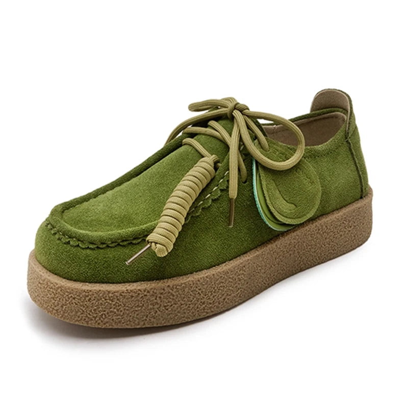 Women’s Genuine Leather Suede Loafers – British Style Lace-Up Oxford Shoes