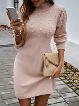 Women’s Pearl-Embellished Sweater Dress – Elegant Round Neck Long Sleeve Maxi