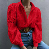 Women’s Hollow-Out Puff Sleeve Blouse – Casual Loose Solid Shirt