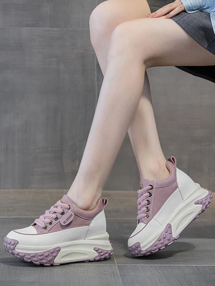 Damen 7cm Leder Plateau Keil-Sneakers – 3 Zoll klobige Absatzschuhe