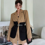 Koreanischer Blazer für Damen im lockeren Stil – einreihige Jacke mit aufgesetzten Taschen und abnehmbarem Gürtel