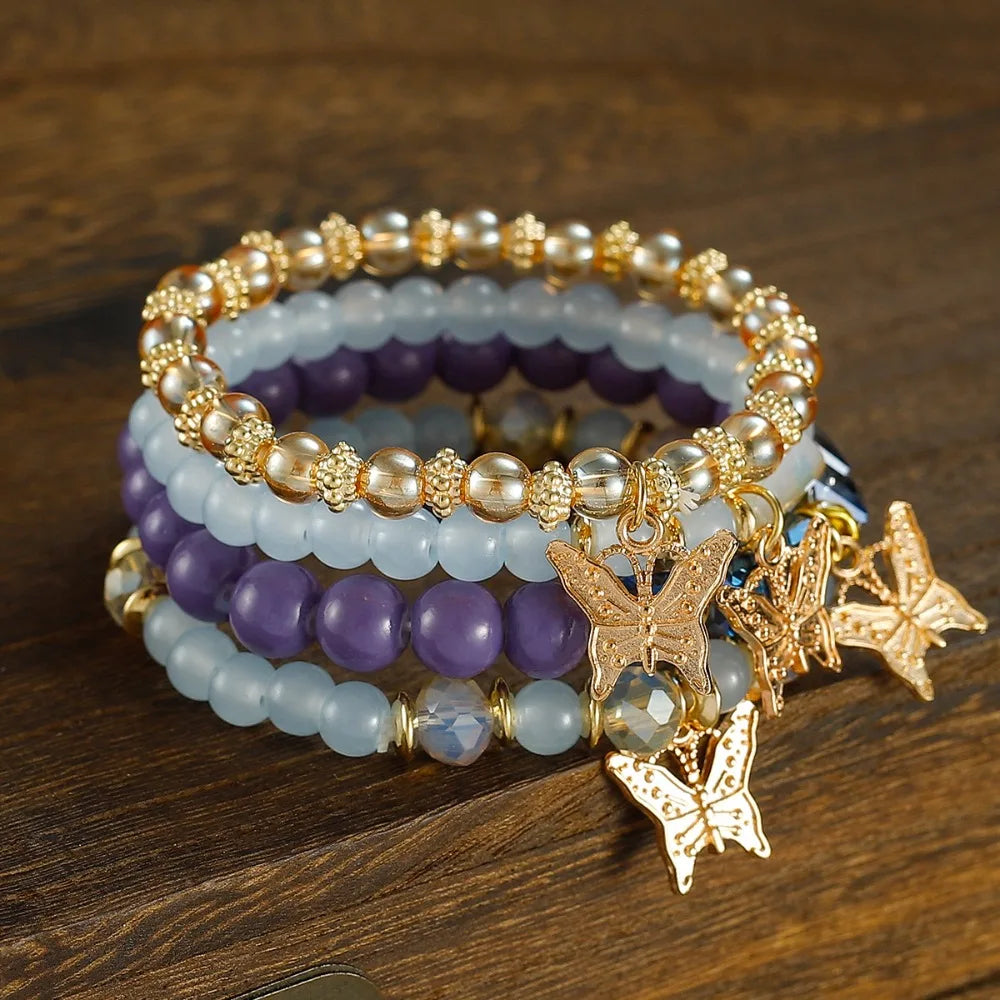 4pcs Bohemian Charm Bracelet Set for Women – Exquisite Crystal Butterfly Bracelet