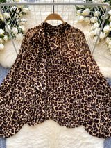 Women’s Leopard Print Blouse | Bow Tie Neck Long Sleeve Shirt