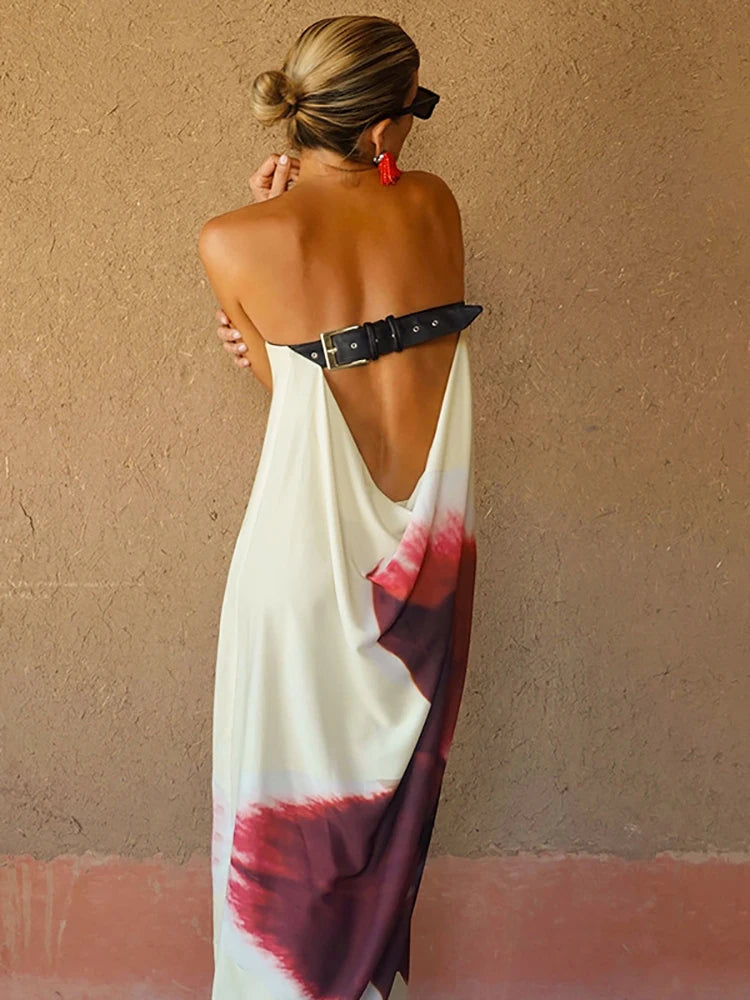 Damen Sexy Trägerloses Geblümtes Maxikleid – Rückenloses Sommerkleid mit Gürtel für den Urlaub