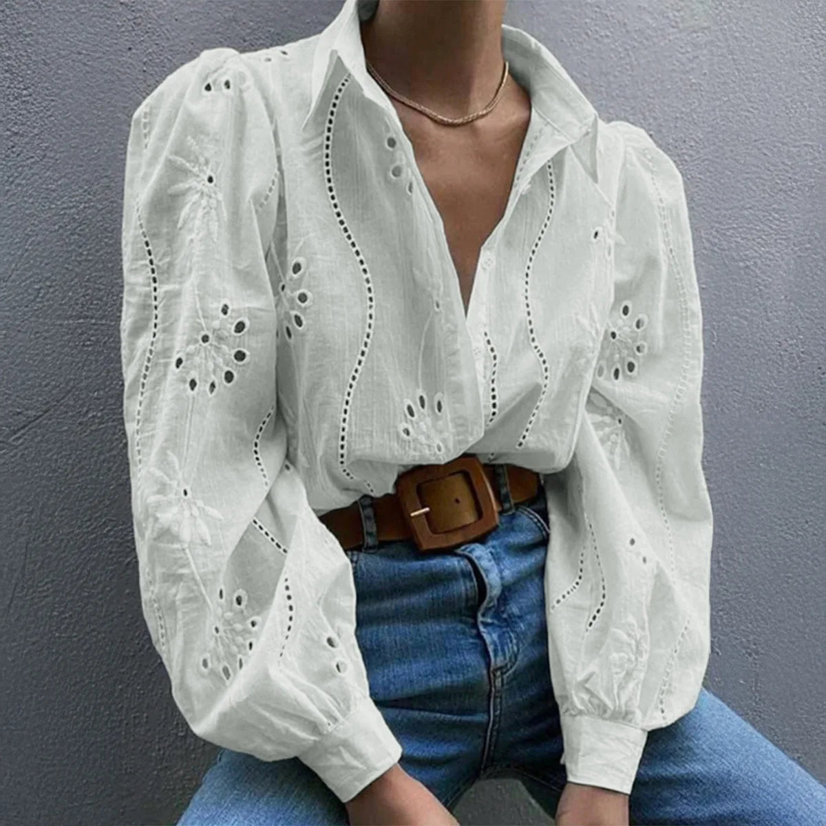 Women’s Hollow-Out Puff Sleeve Blouse – Casual Loose Solid Shirt