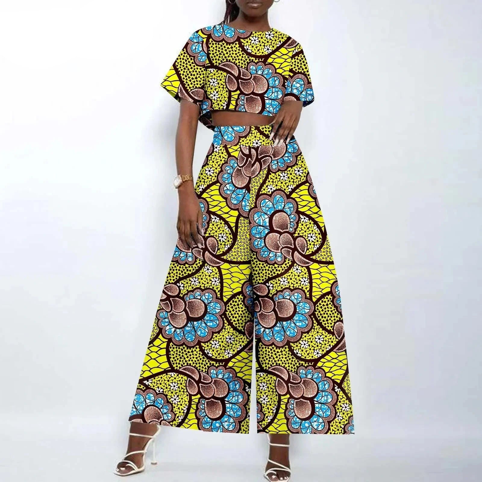 Afrikanisches zweiteiliges Ankara-Outfit für Damen | Crop Top und weite Hose