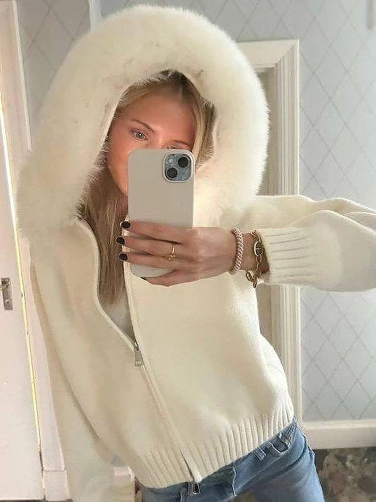 Women’s Winter Fluffy Hoodie Cardigan – Zipper Patchwork Knit Jacket