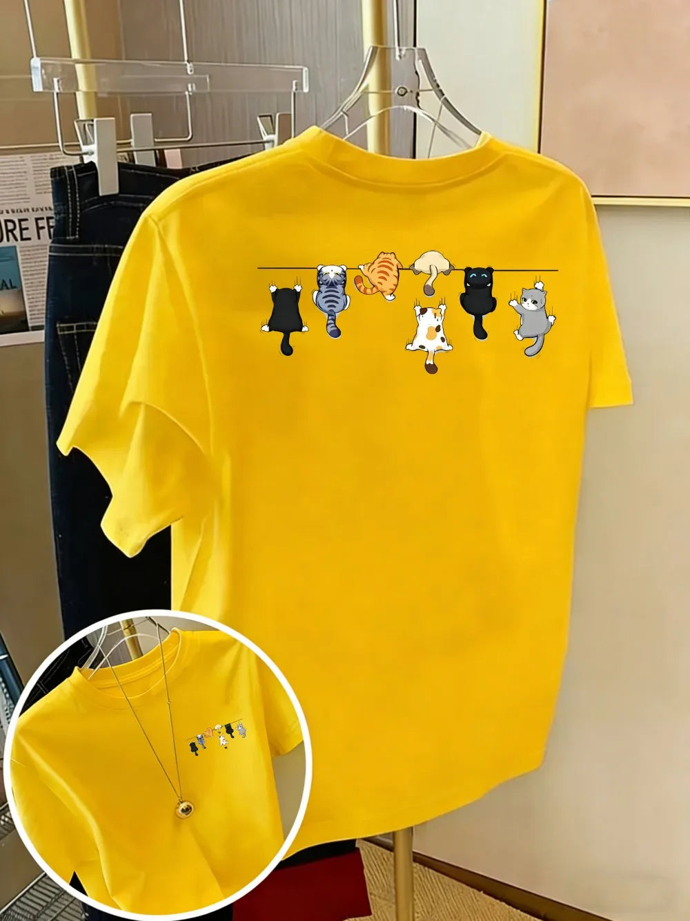 Women's Oversized Cotton Cartoon Cat Print T-Shirt