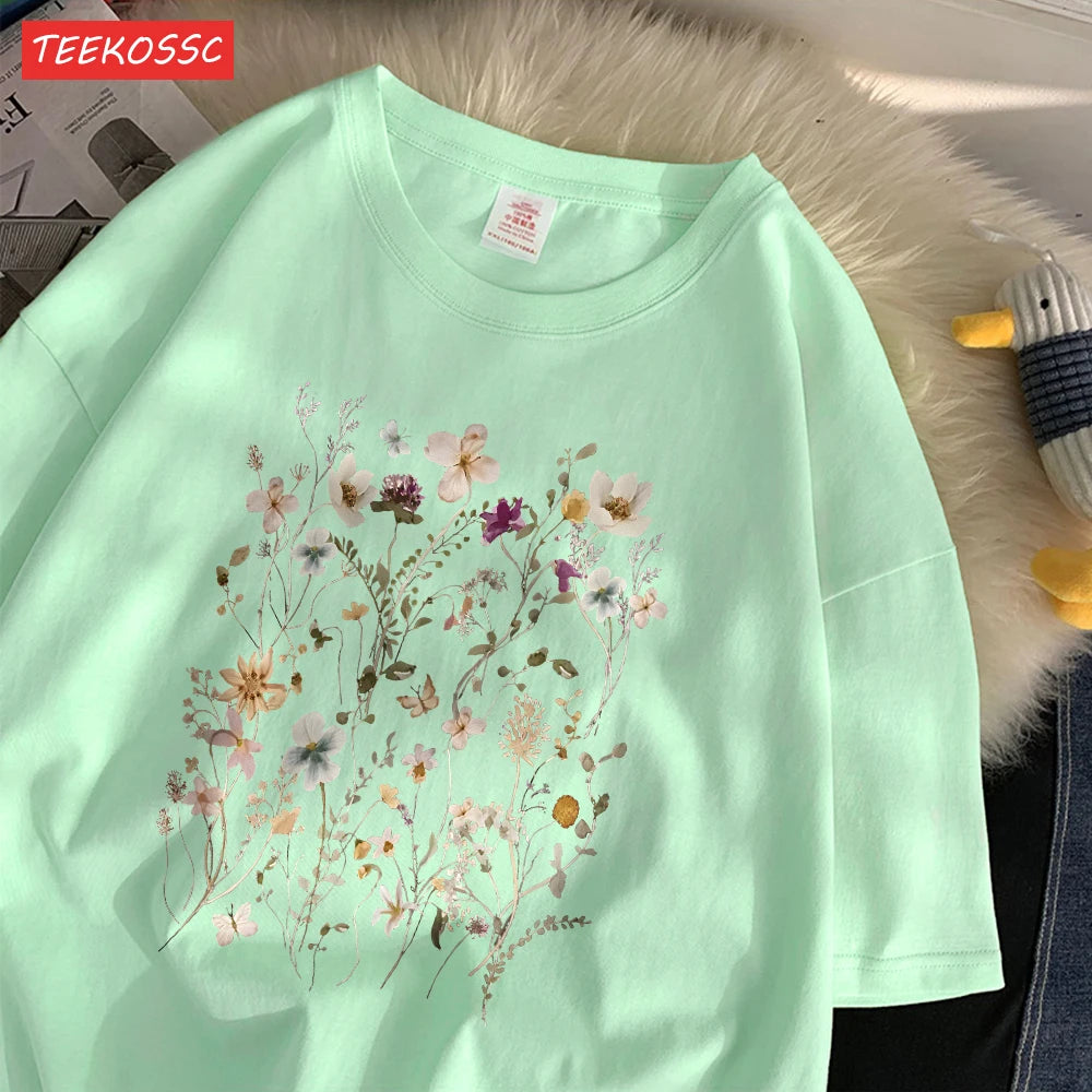 Beautiful Flower Clusters Cotton T-Shirt - Women's Floral Graphic Tee
