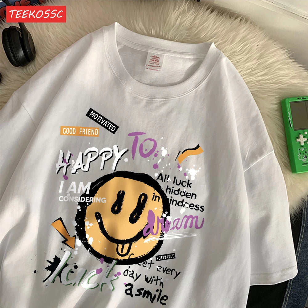 Cute Smiling Face Graffiti T-Shirt - Women's Fun Graphic Cotton Tee