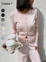 Lässige Strickjacke für Damen – Langärmeliges Rippstrick-Patchwork-Slim-Top