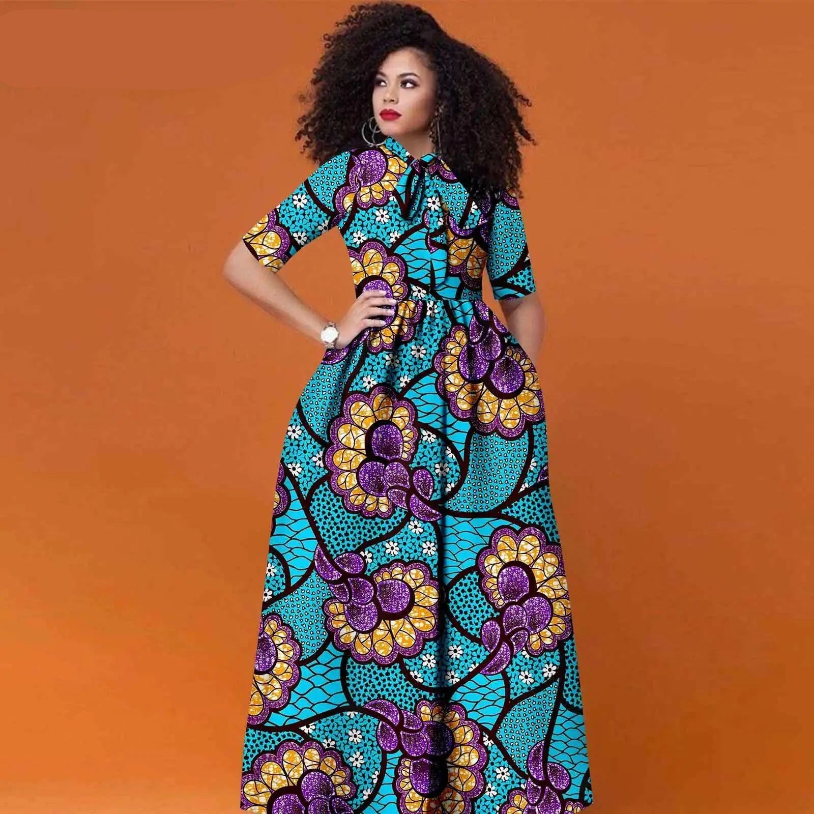 Afrikanisches Ankara Maxikleid für Damen | Halbarm High Waist Kleid mit traditionellem Print