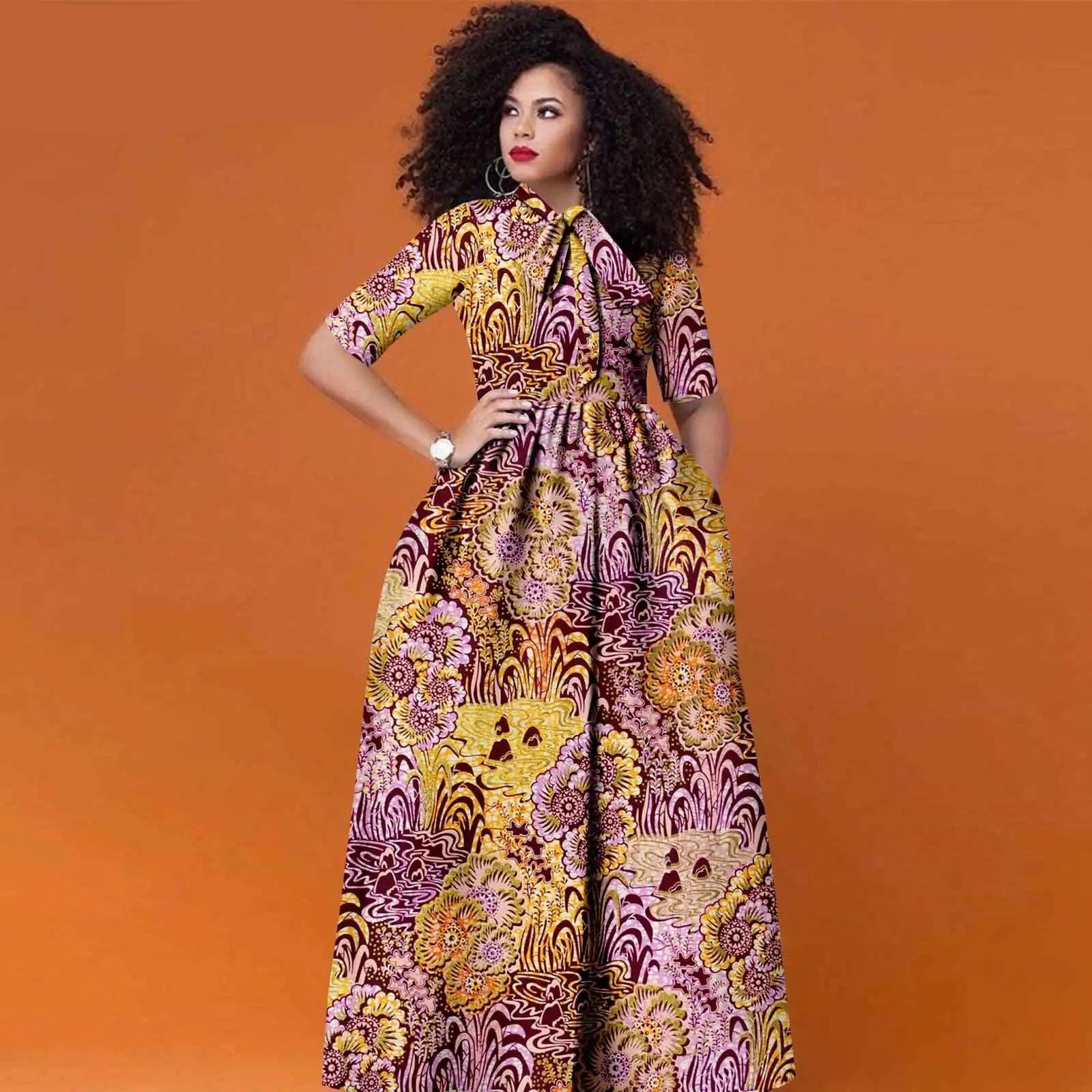Afrikanisches Ankara Maxikleid für Damen | Halbarm High Waist Kleid mit traditionellem Print