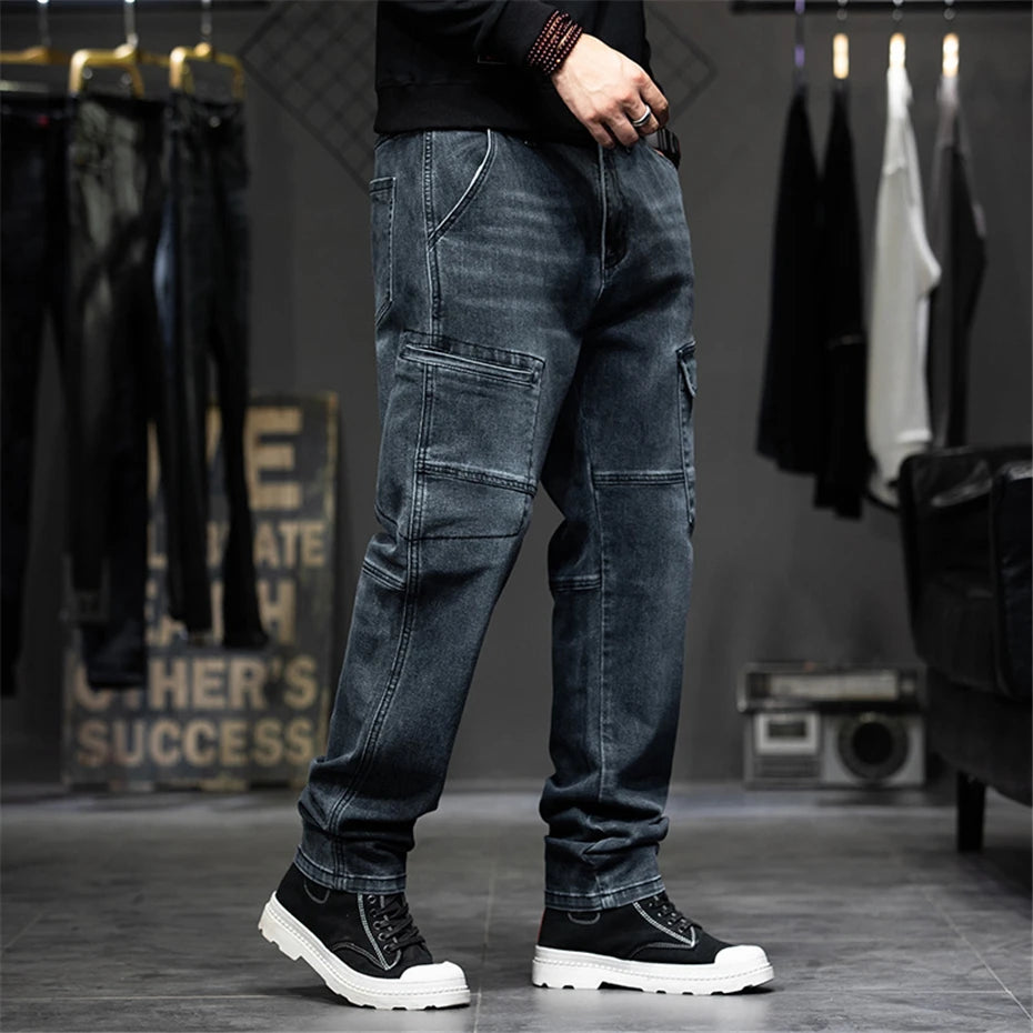Men's Baggy Streetwear Cargo Jeans | Loose Fit Multi-Pocket Denim Trousers