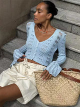 Knitwear Hollow Out Women’s V-Neck Long Sleeve See-Through Cropped Top