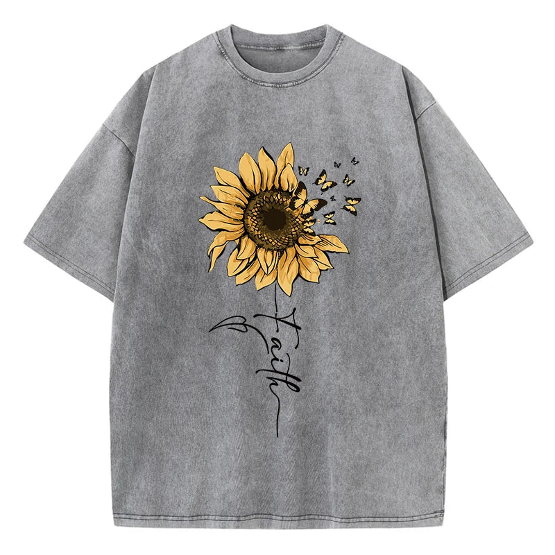 Sunflower and Butterfly Washed Cotton T-Shirt | Women's Vintage Black Graphic Tee