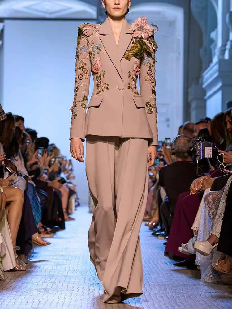 Pink Designer Runway Suit Set - Women's 3D Floral Beaded Blazer & Wide Leg Pants
