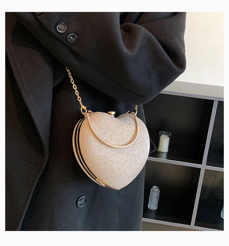 Luxury Heart-Shape Metal Evening Clutch | Shiny Fashion Chain Shoulder Bag