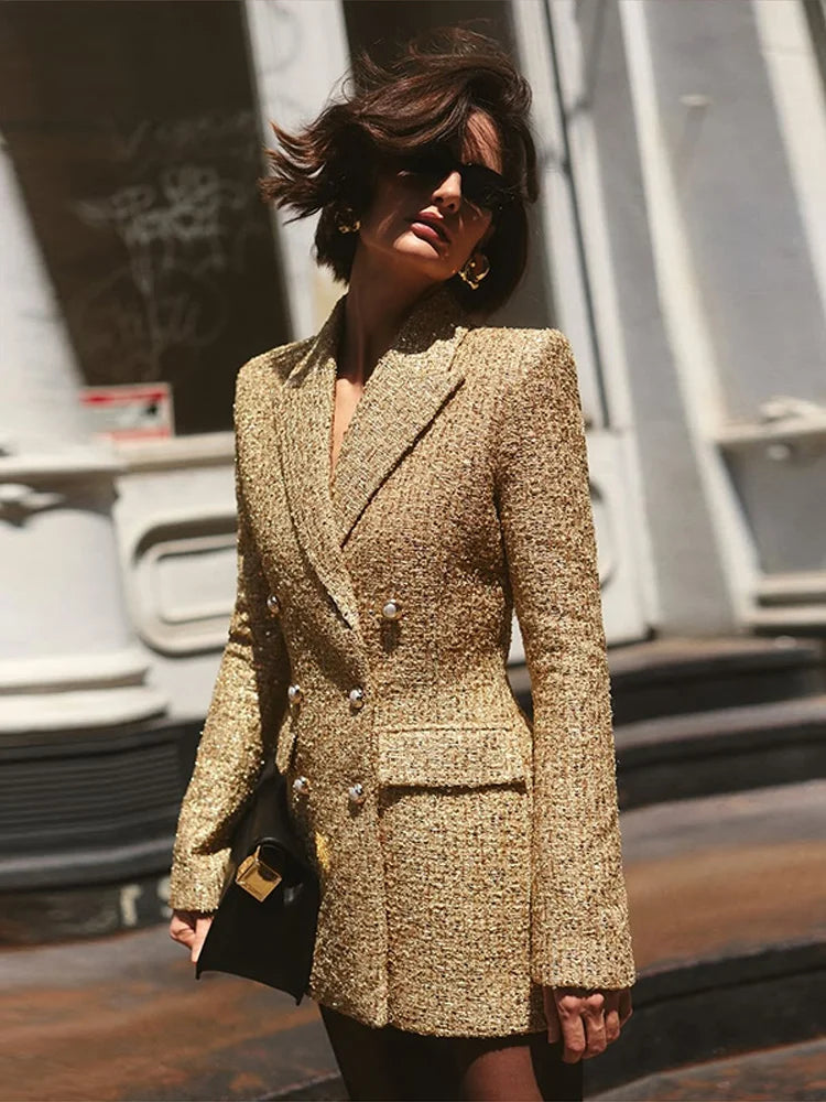 Women's Golden Sequin Blazer - Elegant V-Neck Double Breasted Evening Jacket, Slim Fit Formal Party Outerwear