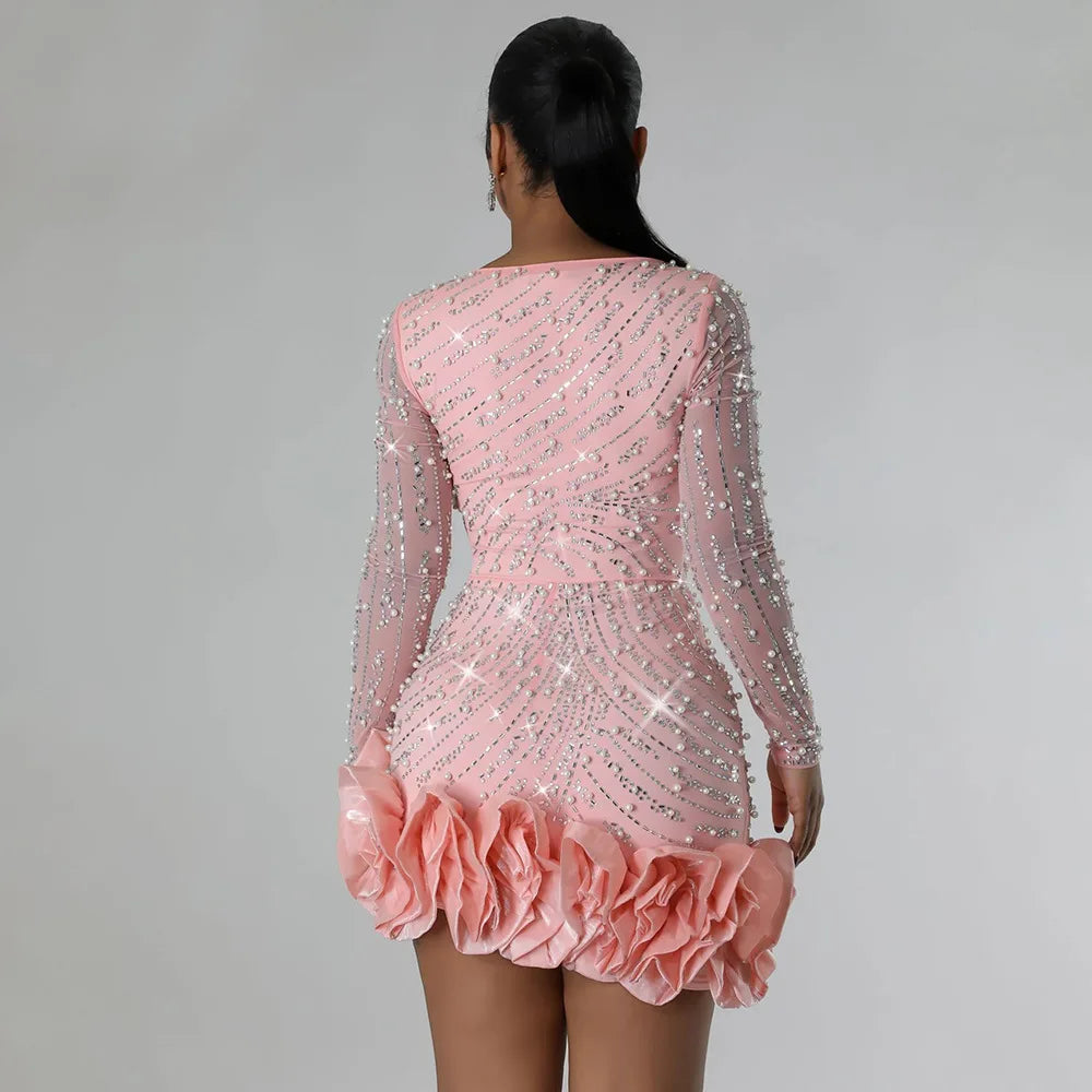 Sexy Langarm Rüschen Minikleid – Glitzerndes Hot-Drilling- & Perlenbesetztes Geburtstagskleid