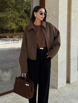 Women’s Brown Zipper Woolen Jacket – Elegant Lapel Long Sleeve Short Coat