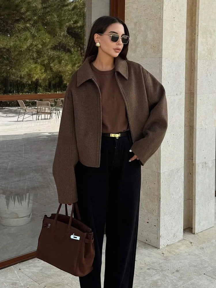 Women’s Brown Zipper Woolen Jacket – Elegant Lapel Long Sleeve Short Coat