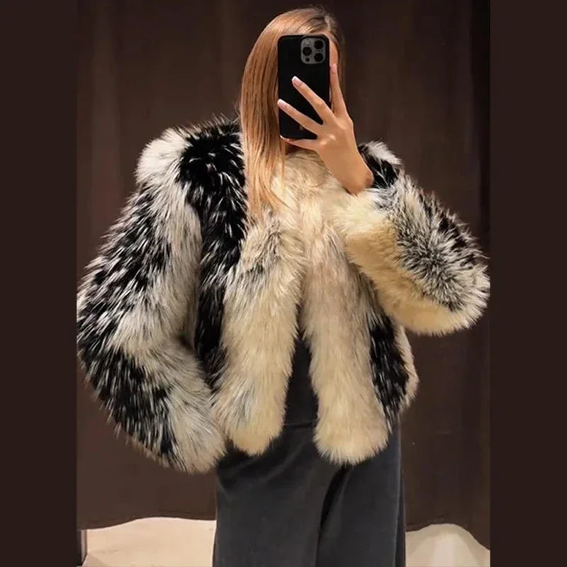 Stylish Contrast Faux Fur Women’s Coat | Elegant O-Neck Single-Breasted Jacket