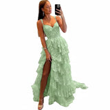 Glitzerndes, gestuftes Spitzen-Tüll-Ballkleid | Langes Korsettkleid mit Spaghettiträgern