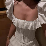 Women’s Summer White & Blue Corset Top – Sexy Lace Up Crop Tank Top