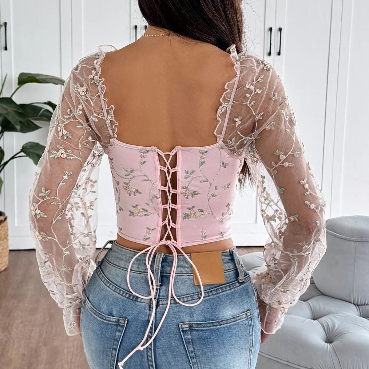 Women’s Sexy Mesh Long Sleeve Corset | Flower Embroidered Fishbone Bustier
