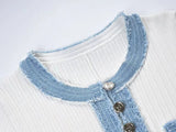 Elegant Knit Contrasting Maxi Dress O-Neck Short Sleeve Metal Button Office Lady Robe